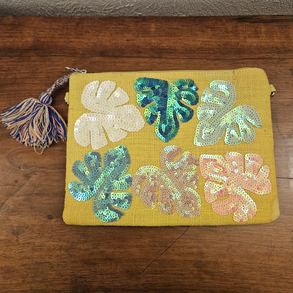 America & Beyond Jute Floral Pouch Bag Sequins Yellow Tropical Colorful